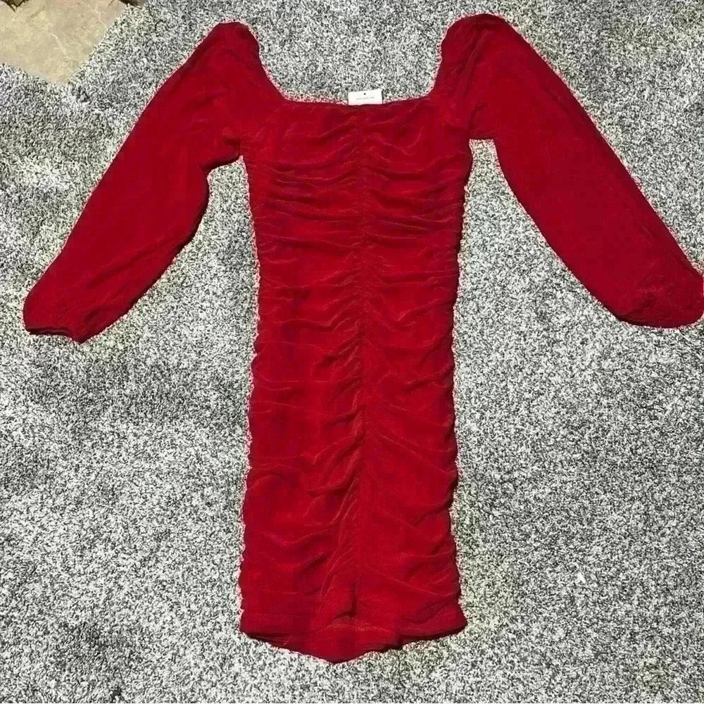 PRETTYGARDEN Women’s SZ S Red Sheer Sleeves Ruched Bodycon Dress - Picture 11 of 11